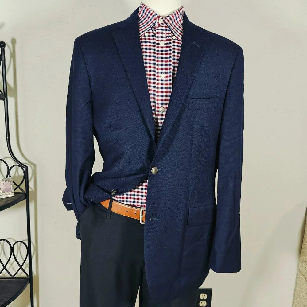JOS A BANK Men's Sport Coat Utility Blazer Navy Wool Stretch Tailored Fit 43L‎